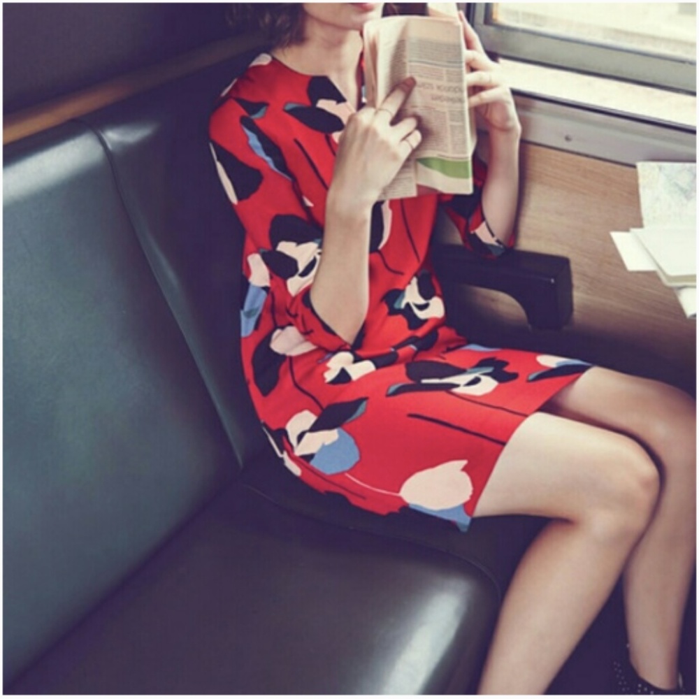 Boden Red Floral Split Neck Shift Dress 6 Long